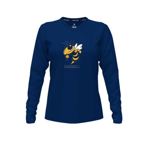 [CUS-DFW-TEES-CMF-VNK-LSL-NVY-FYXS-LOGO2] Decker Comfort T-Shirt (Female Youth XS, Navy, V Neck, Logo 2, Long Sleeve)