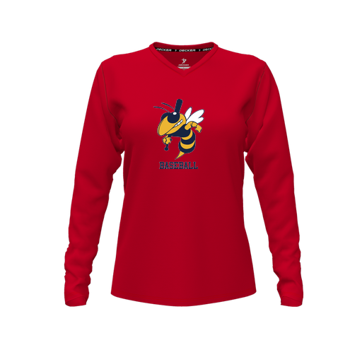 [CUS-DFW-TEES-CMF-VNK-LSL-RED-FYXS-LOGO2] Decker Comfort T-Shirt (Female Youth XS, Red, V Neck, Logo 2, Long Sleeve)