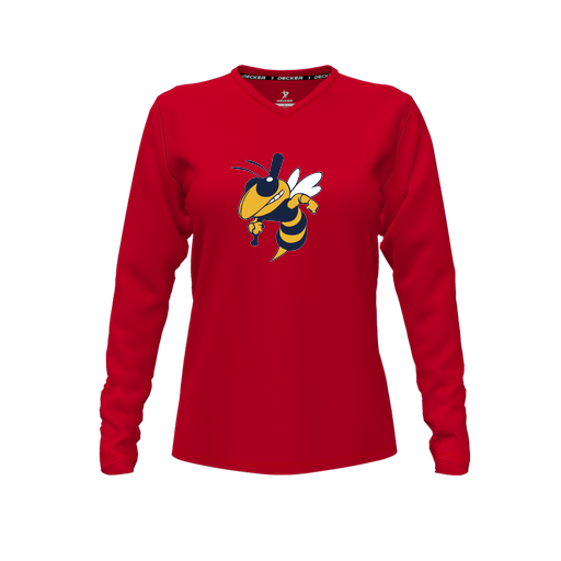 [CUS-DFW-TEES-PER-VNK-LSL-RED-FYXS-LOGO1] Performance T-Shirt (Female Youth XS, Red, V Neck, Logo 1, Long Sleeve)